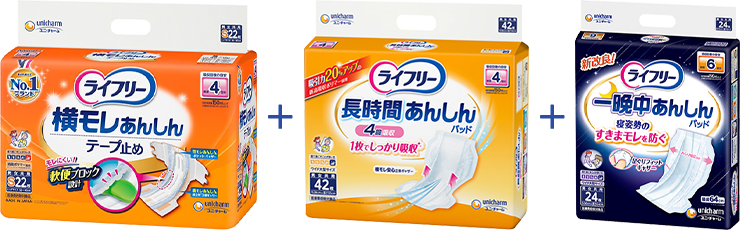 横モレあんしんテープ止め + 長時間あんしんパッド4回吸収 + 一晩中あんしんパッド6回吸収