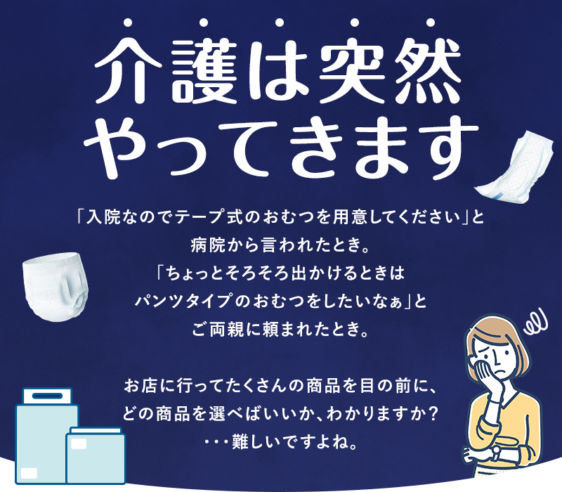【介護は突然やってきます】「入院なのでテープ式のおむつを用意してください」と病院から言われたとき。「ちょっとそろそろ出かけるときはパンツタイプのおむつをしたいなぁ」とご両親に頼まれたとき。お店に行ってたくさんの商品を目の前に、どの商品を選べばいいか、わかりますか？・・・難しいですよね。