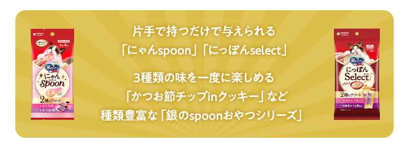 片手で持つだけで与えられる「にゃんspoon」「にっぽんselect」 3種類の味を一度に楽しめる「かつお節チップinクッキー」など種類豊富な「銀のspoonおやつシリーズ」
