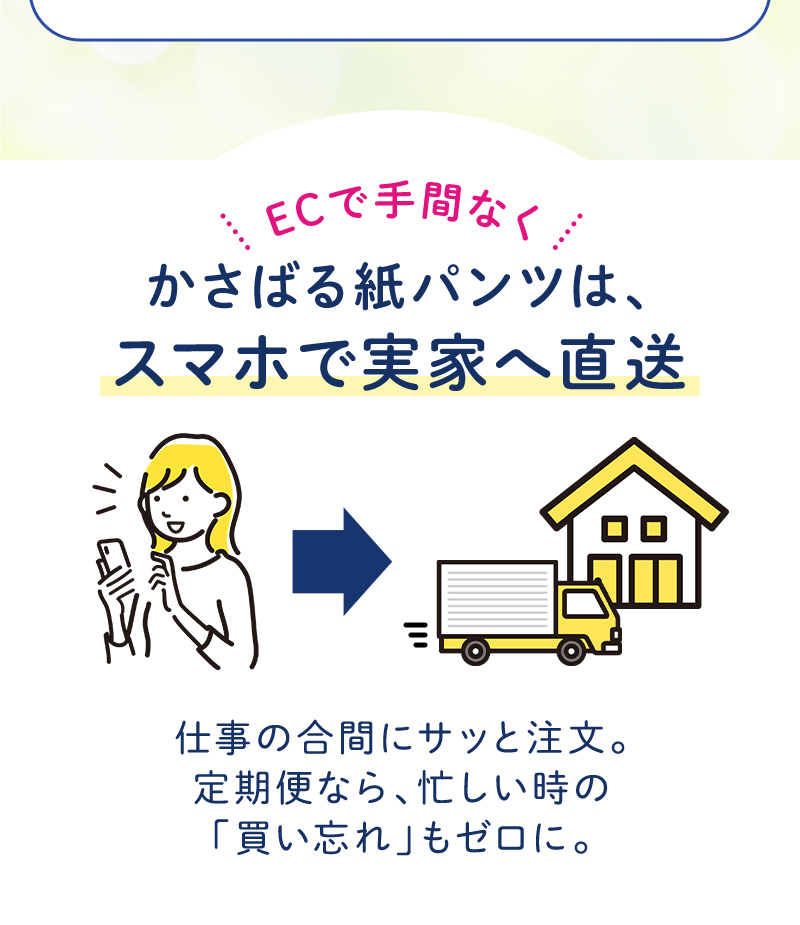 【ECで手間なく】かさばる紙パンツは、スマホで実家へ直送 仕事の合間にサッと注文。定期便なら、忙しい時の「買い忘れ」もゼロに。