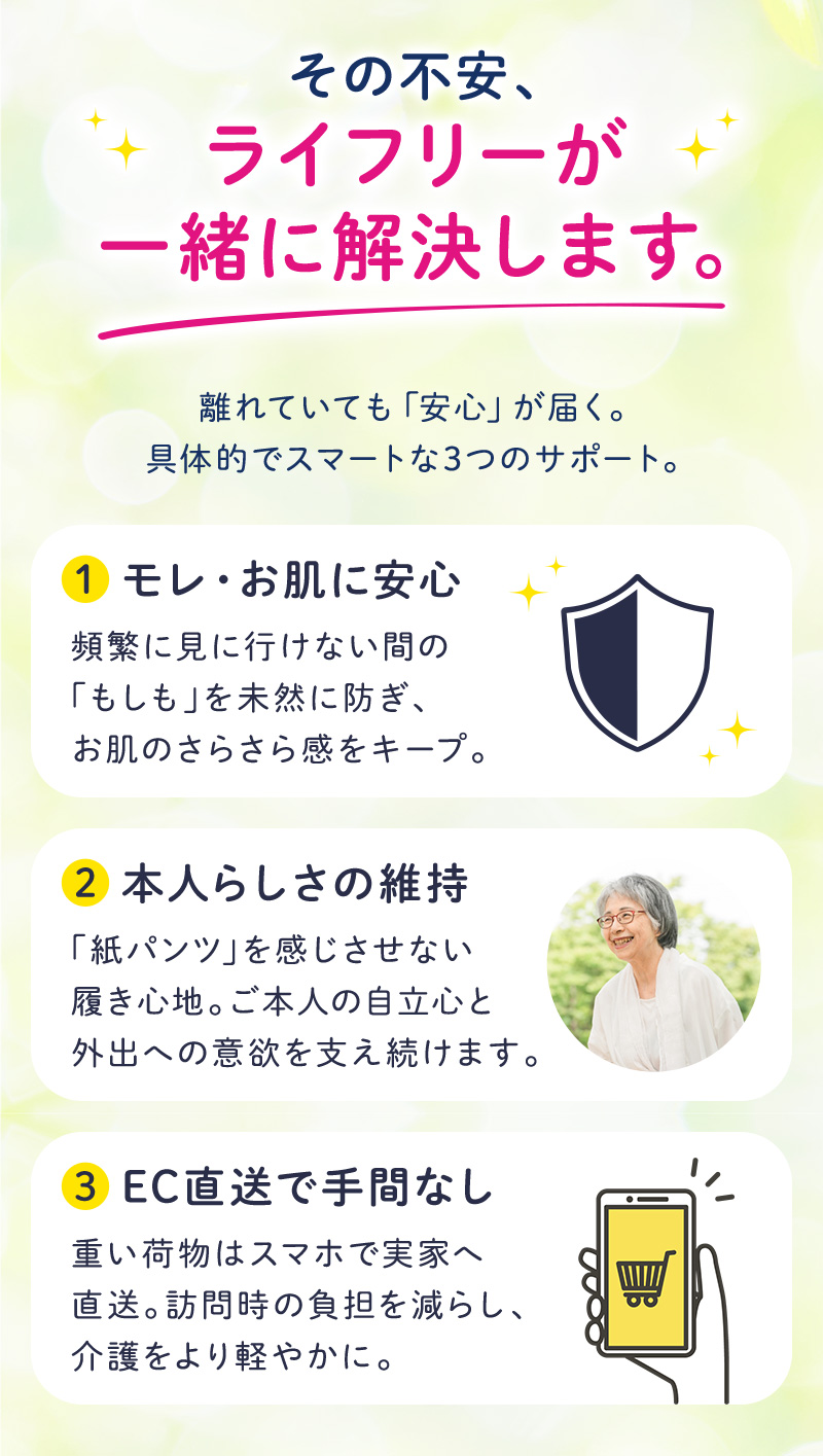 その不安、ライフリーが一緒に解決します。離れていても「安心」が届く。具体的でスマートな3つのサポート。(1)モレ・お肌に安心：頻繁に見に行けない間の「もしも」を未然に防ぎ、お肌のさらさら感をキープ。(2)本人らしさの維持：「紙パンツ」を感じさせない履き心地。ご本人の自立心と外出への意欲を支え続けます。(3)EC直送で手間なし：重い荷物はスマホで実家へ直送。訪問時の負担を減らし、介護をより軽やかに。