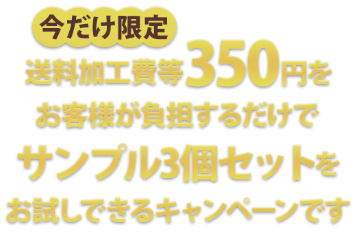 【今だけ限定】送料加工費等350円をお客様が負担するだけでサンプル3個セットをお試しできるキャンペーンです
