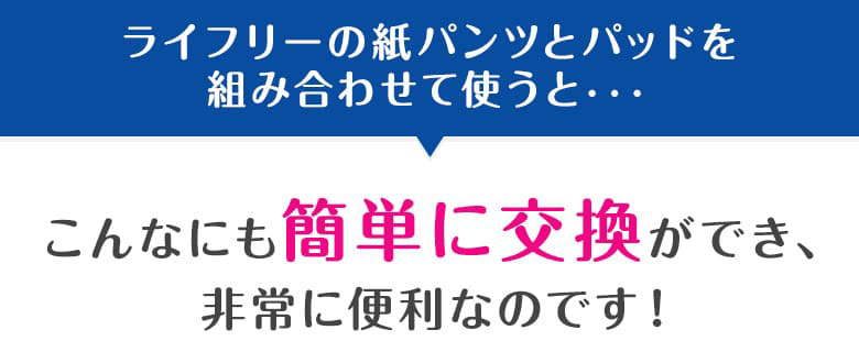 ライフリーの紙パンツとパッドを組み合わせて使うと・・・こんなにも簡単に交換ができ、非常に便利なのです！