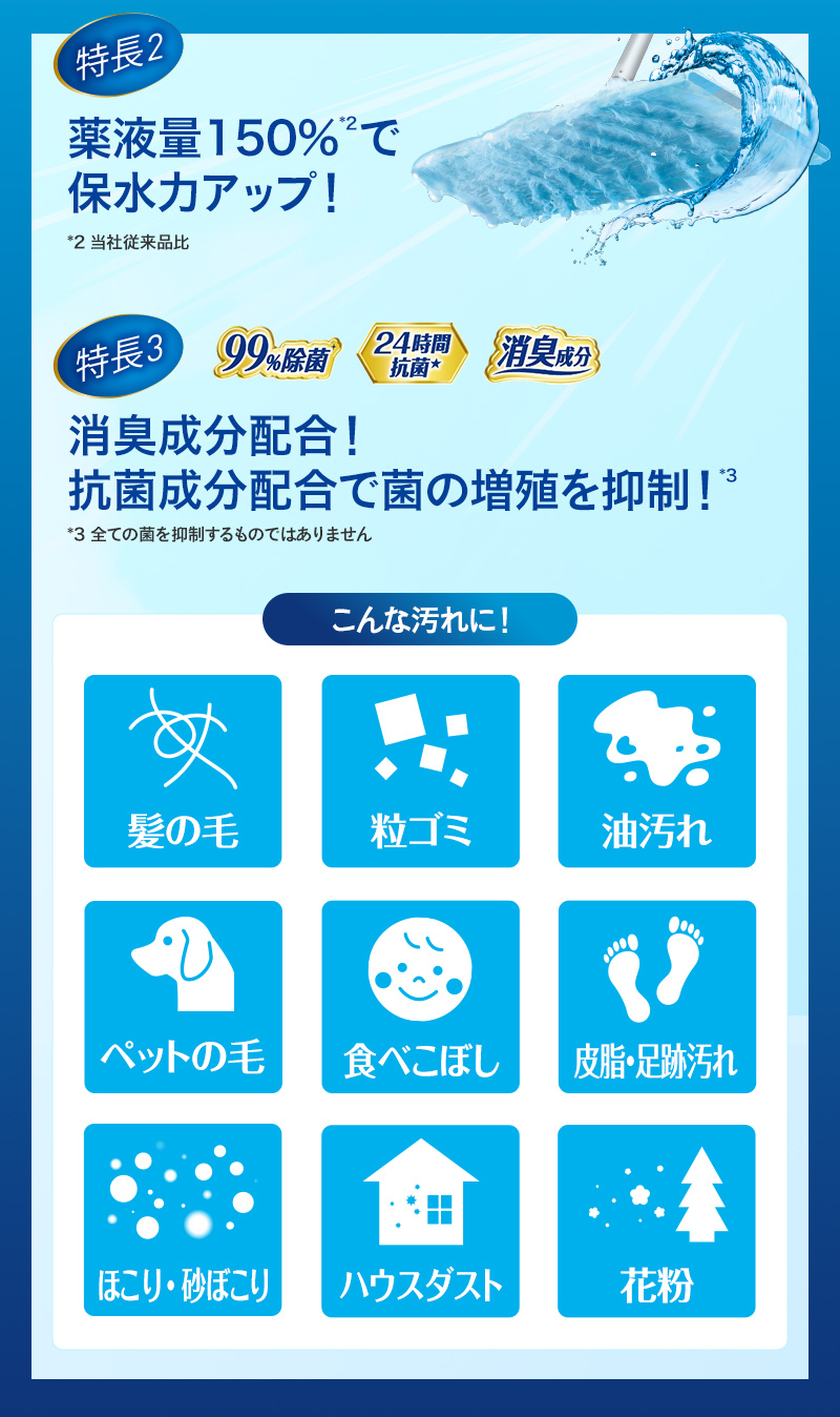 特長2：薬液量150％で保水力アップ！　特長3：消臭成分配合！抗菌成分配合で菌の増殖を抑制！